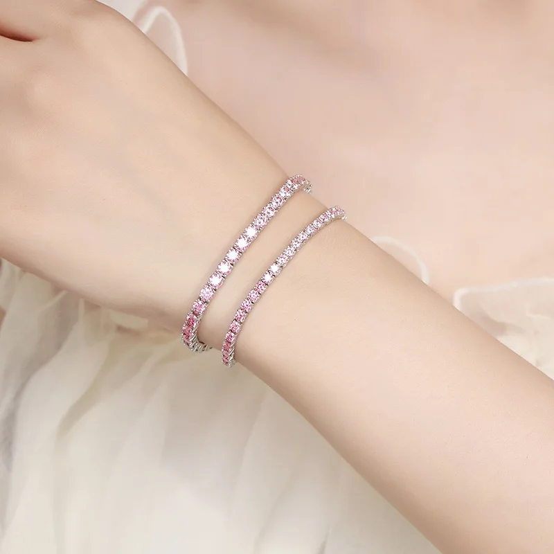 3-4mm Pink Purple White Moissanite Tennis Bracelet 925 Sterling Silver Hiphop Rock Girls Women Diamond Bangles Pass Test Gift