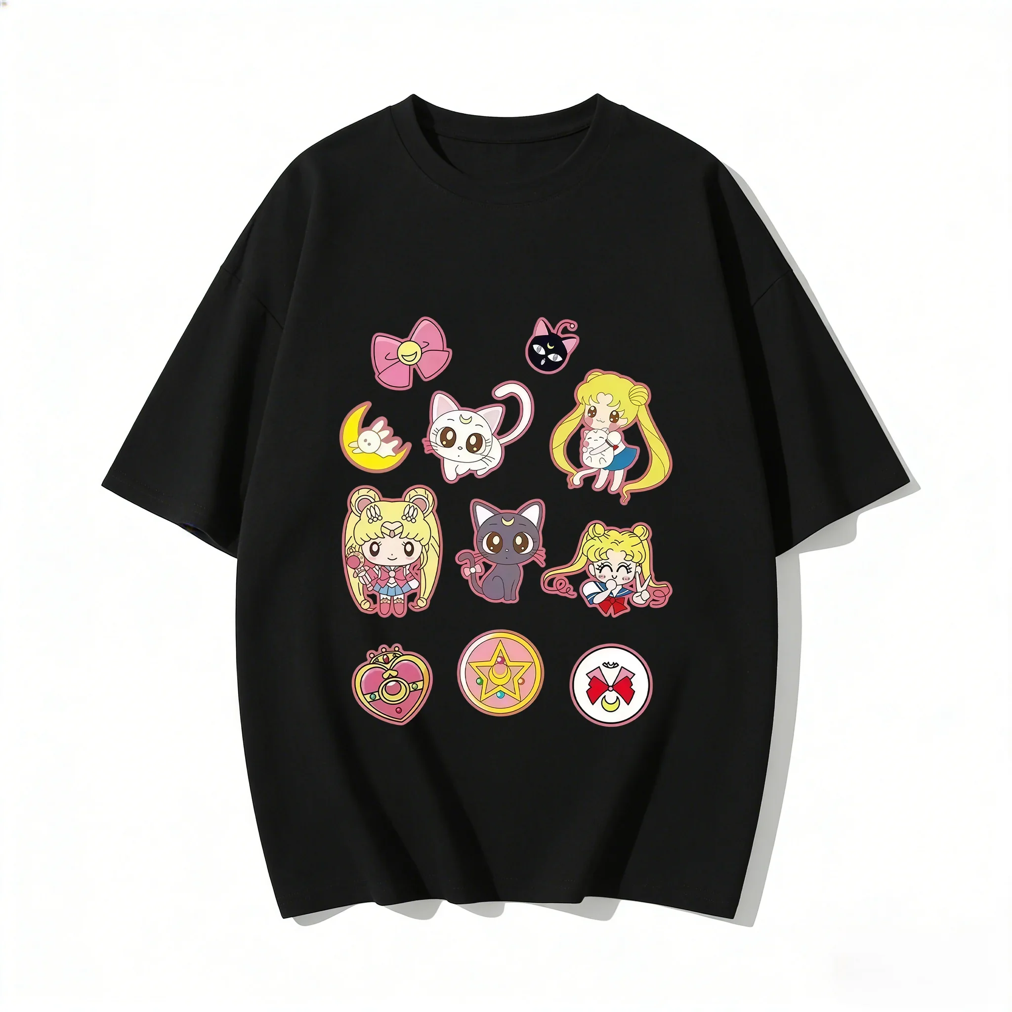 Unisex Casual Sailor Moon Chibi Sticker Print Short Sleeve T-Shirt Summer 2026 Cute Streetwear for Men Women Kids