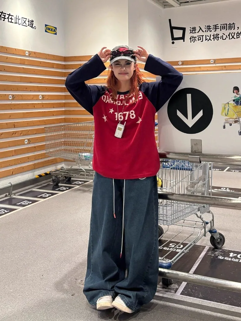 긴 소매 컬러 블록 레터 후디 여성 의류 그래픽 심플 우아 다용도 패셔너블 루즈하고 넉넉한 후디