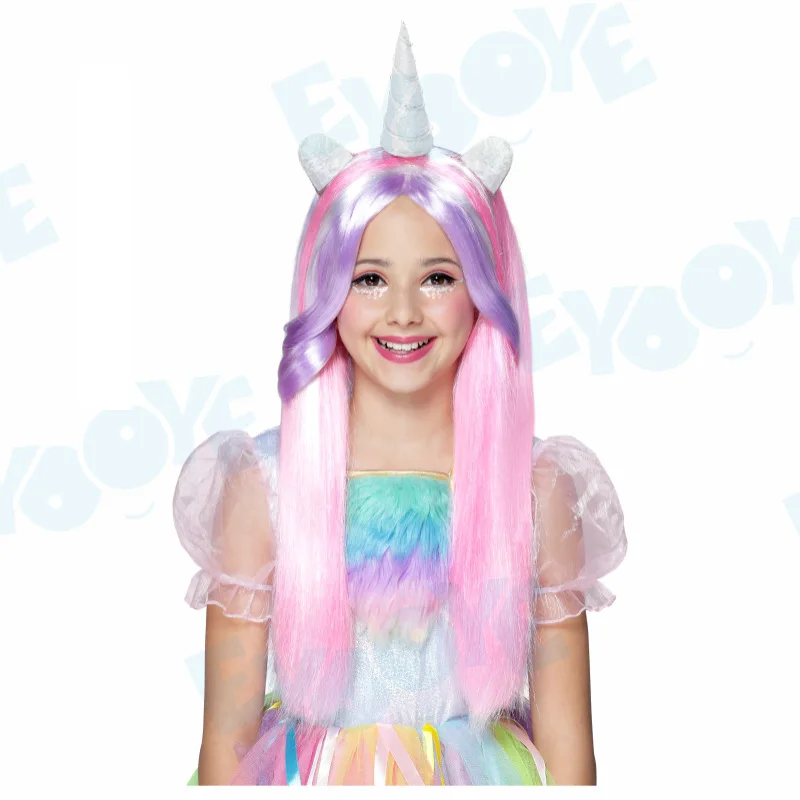 Unicorn Colorful Straight Pony Wig Children\'s Unicorn Cute Pink Horn Wig Hair Cover