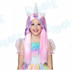 Unicorn Colorful Straight Pony Wig Children's Unicorn Cute Pink Horn Wig Hair Cover