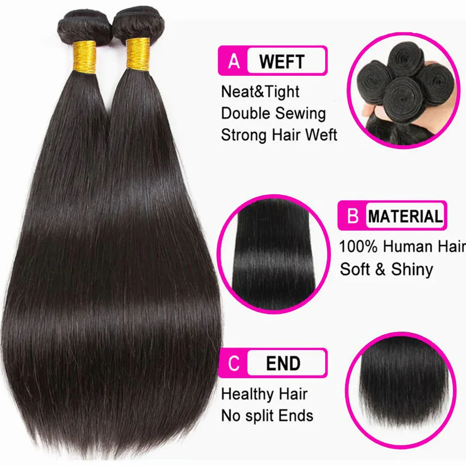 Bundles d'extensions de cheveux humains naturels pour femmes, vrais cheveux humains naturels avec fermeture, injStraight, brésilien, 4x4