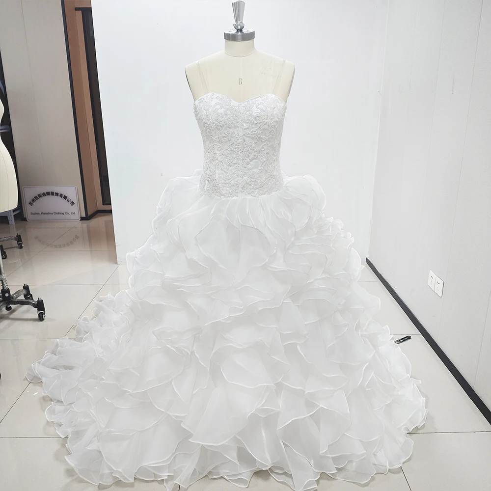 KSDN White Ball Gown Sleeveless Sweetheart Royal Train Organza Lace Up Crystal Applique Luxury Wedding Dress robe de mariée 2024