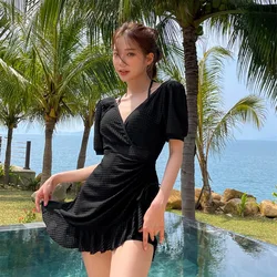 2024 Black One Piece Swimsuit Women Swimwear Sexy Padded Ruffle Dress Swimming Suit Korean Monokini Bodysuit Beach Bathing Suit