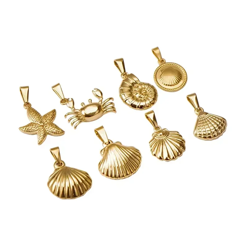 5PCS/Lot 316L Stainless Steel Gold Plated Starfish Conch Scallop Crab Shell Charm Pendant For Necklace Jewelry DIY Making Retro