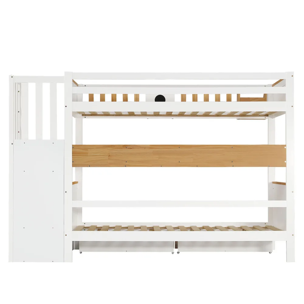 PINGGO Weißes Naturholz-Etagenbett 90x200cm mit Stauraum-Treppe, 4 Schränken, 2 Schubladen, offenem Regal, Fallschirmgitter, Kiefer+MDF, ohne Matratze – Detail 16