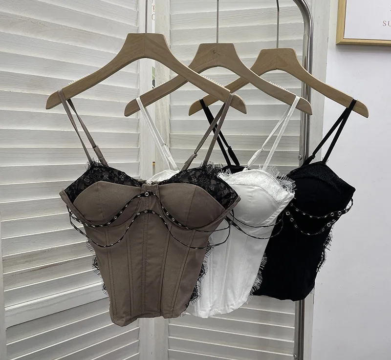 Spice Girl Lace with Chest Pad Steel Ring Fish Bone Sling Vest Women's Slim Short Sleeveless Top