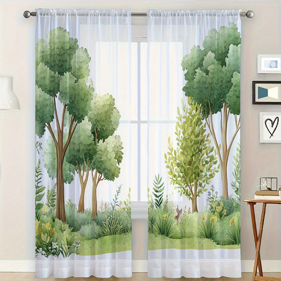 2PCS Digital Print Sheer Curtain, Forest Grassland, Modern Minimalist Window Curtains for Living Room Bedroom Home Decor