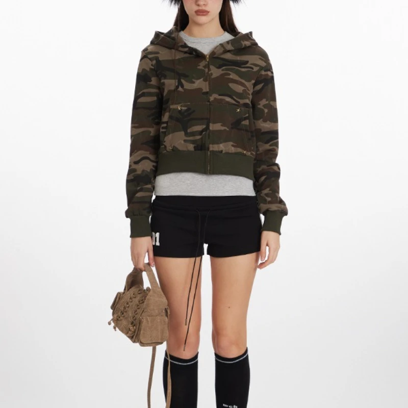 Camo Hooded Sweater Women's 2025 Spring and Autumn Zipper Retro Cardigan Jacket