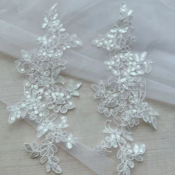 1Pair White Black Applique Flower Sequins Lace Fabric Patch For Garment Wedding Accessories Cloth DIY Repair Craft
