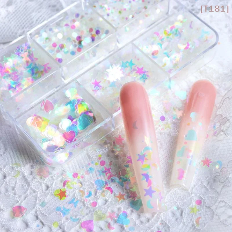 [E] Mini 6 Grid Transparent Rainbow Light Nail Enhancement Sequins Decoration Love Star Moon Nail Accessories Nail DIY Material