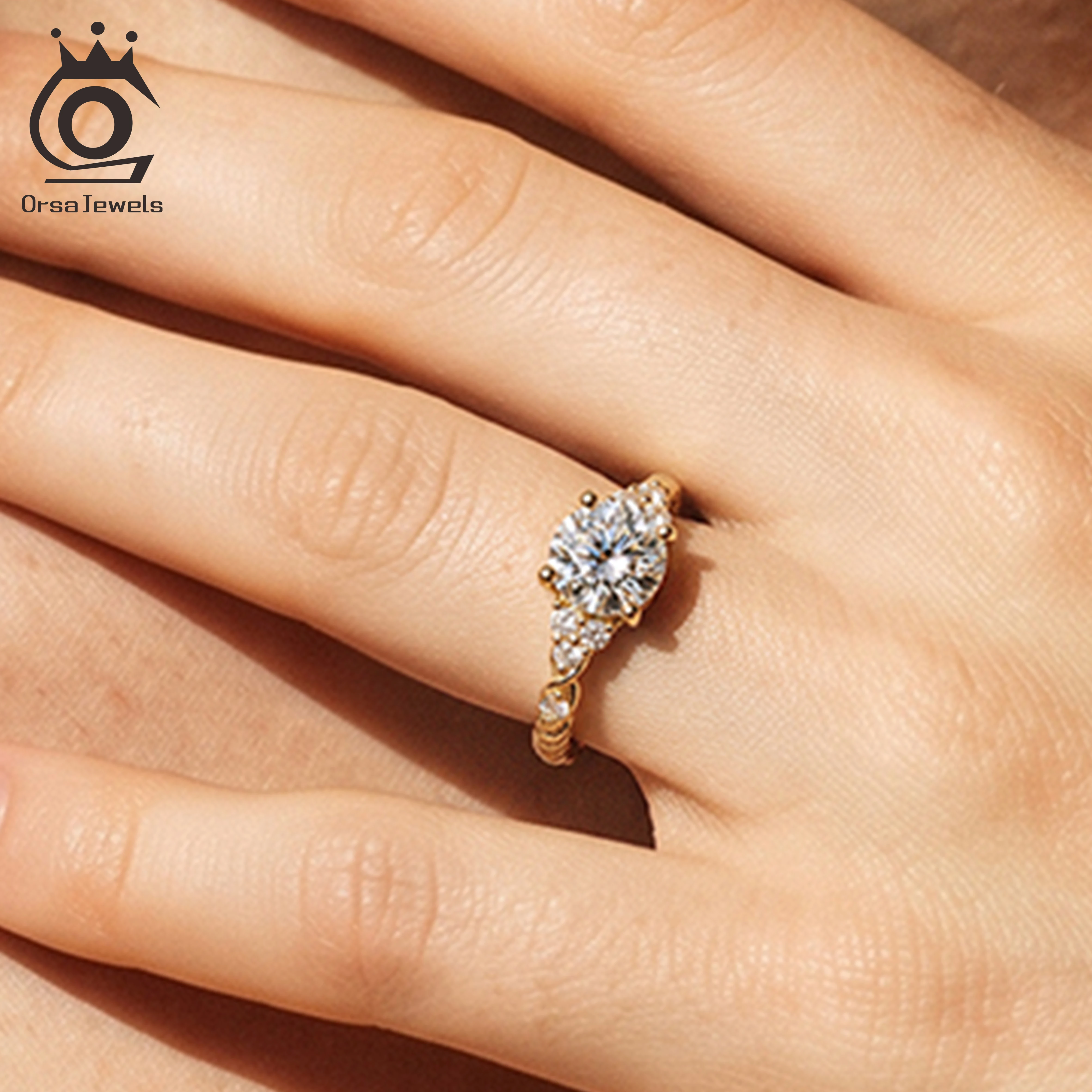 ORSA JEWELS 925 Sterling Silver D Color Moissanite Wedding Ring Shiny Round Center Stone Engagement Vintage Jewelry Gift MOR28