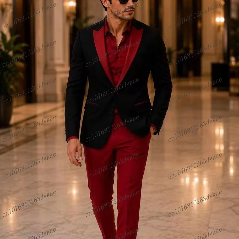 New Red And Black Men Suit Wedding Party Formal Groom Groomsman Prom Business Male Tuxedos 2 Piece Set Jacket Pants