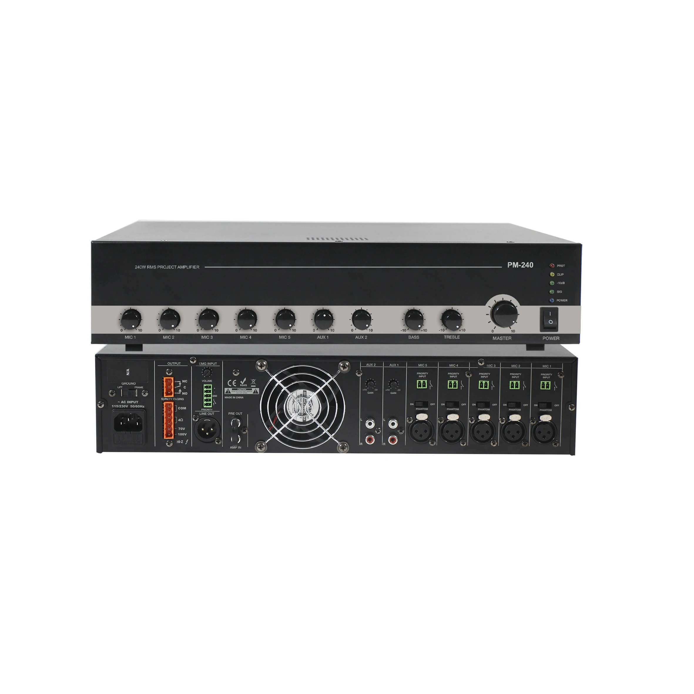 

240W High Power PA Public Address Audio Power Amplifier with 5 MIC and 2 AUX Input Volume Control and 5 Phantom Power for Mic