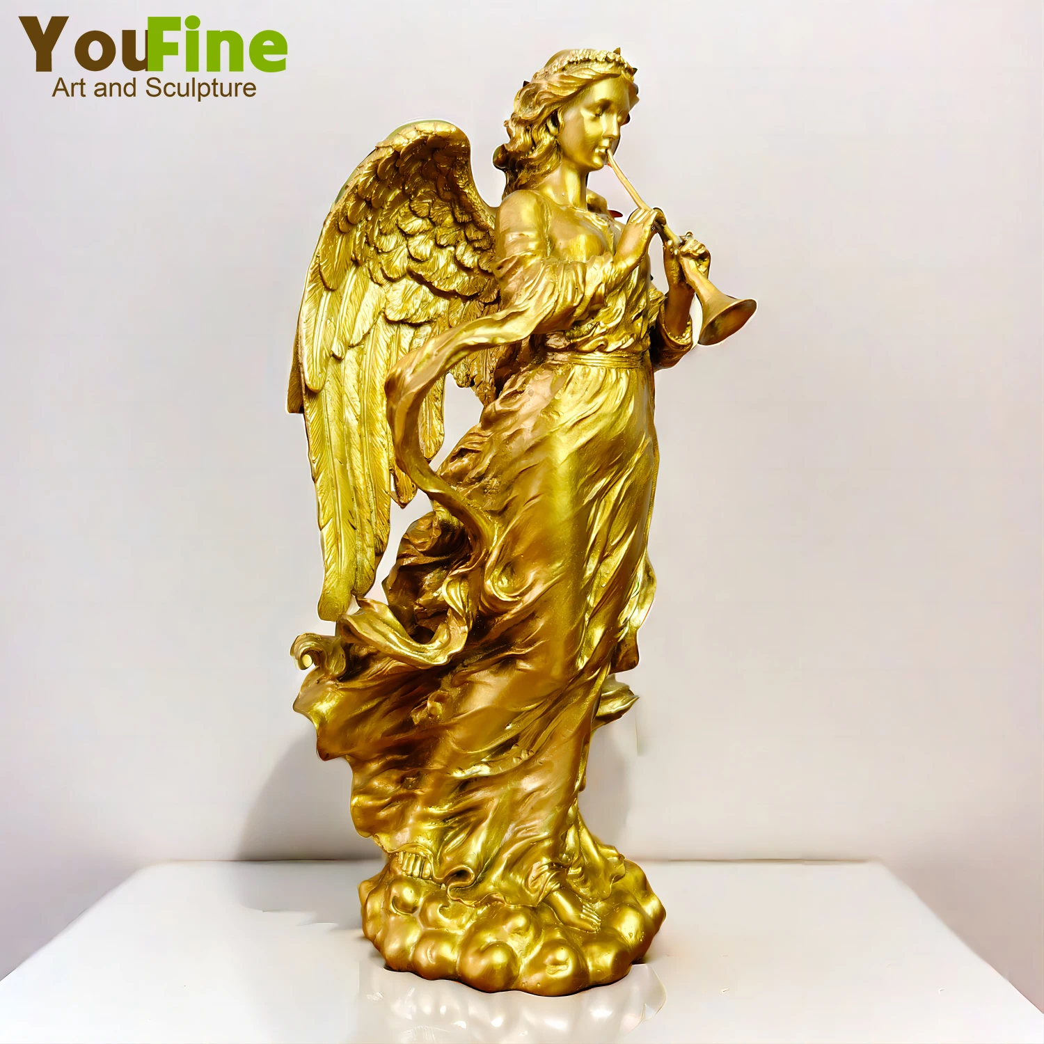 28cm Bronze Angel Trumpet Player Statue Hot Casting Myth Gold Angel Sculpture For Home Indoor Decor Ornament Craft Luxury Gifts