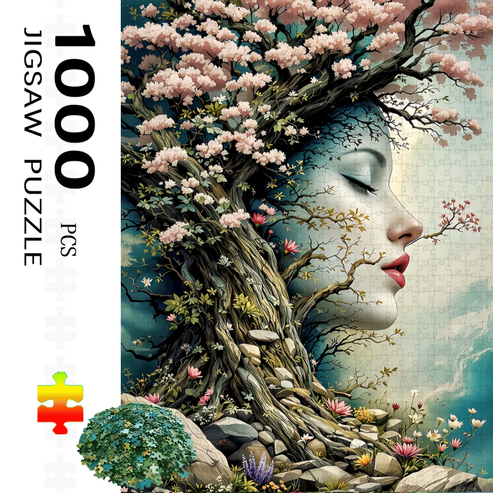 

1000pcs Adult Jigsaw Puzzle - Serene Cherry Blossoms & Face Tree Design, Vibrant Colors, Nature-Inspired Artwork, Brain Challe