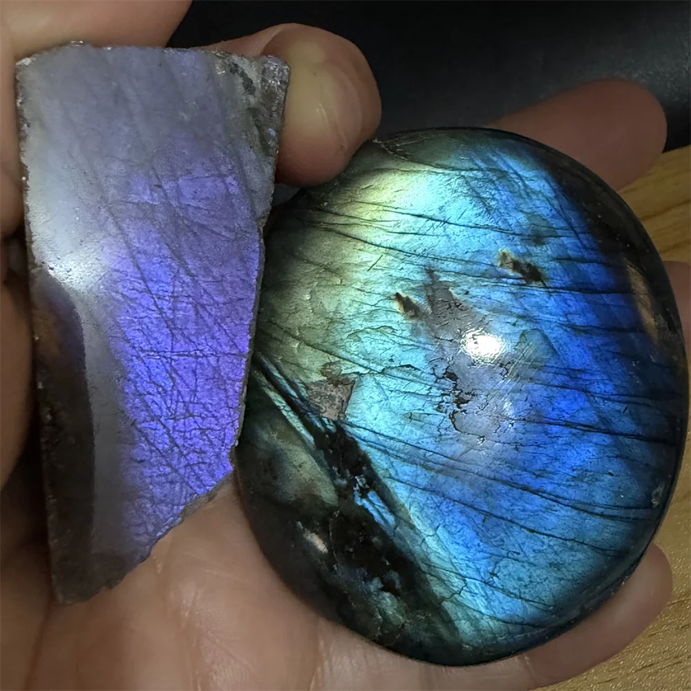 2PCS Sliced Natural Blue Royal Purple Light Labradorite Ornaments Rare Pink Light Labrador Stone Blocks Yellow Orange Light Bead