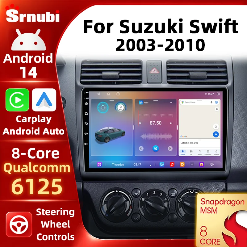 Radio para automóvil con Carplay de Srnubi para Suzuki Swift 2003-2010, con GPS, Android Auto, reproductor multimedia, pantalla táctil, unidad principal 2 Din, Qualcomm 6125, procesador de 8 núcleos, WIFI de 5 GHz, DSP, audio, ventilador de refrigeración integrado, cámara de visión trasera, fácil instalación (Plug and Play). 1