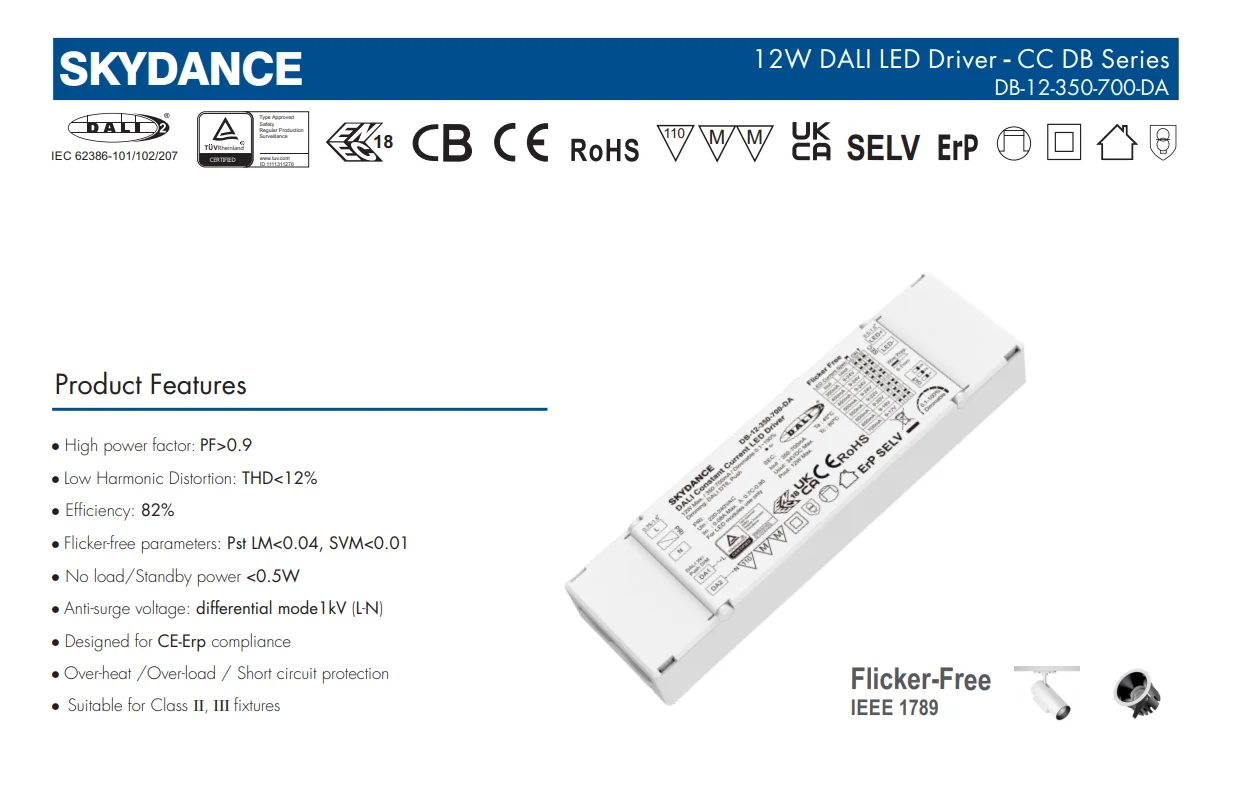 12W 100-450mA /350-700mA DALI Dimmable Constant Current LED Driver DB-12-100-450-DA/ 350-700-DA DALI Power Supply for LED Light