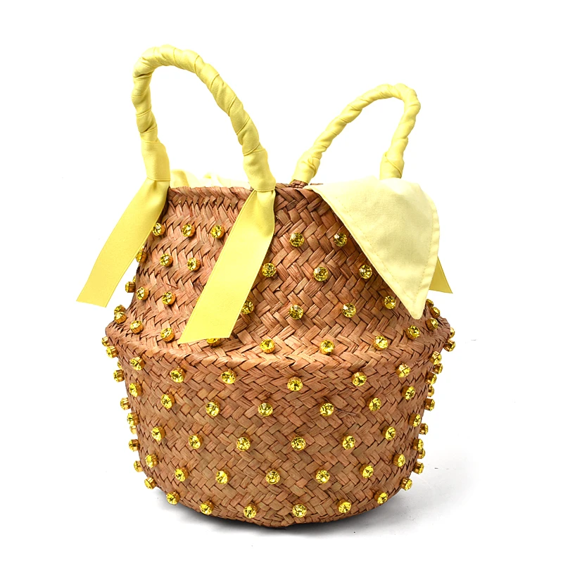Colored Diamonds Hand-sewn Woven Bag, Holiday Hand-carried Straw Bag, Fashionable Rhinestone Embellished Straw Bag