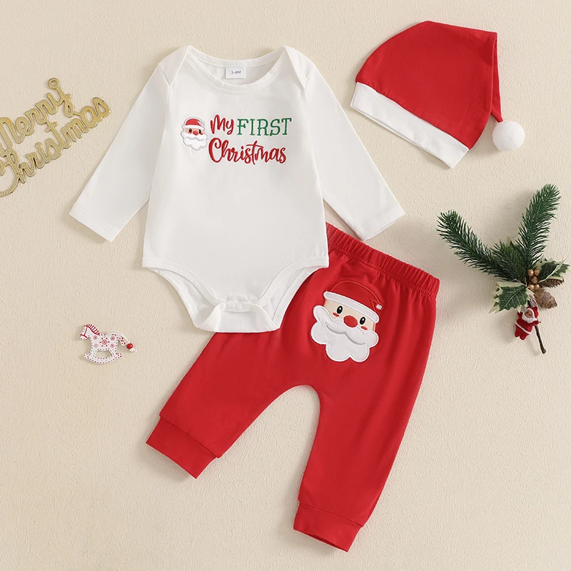 Baby Boys Christmas Letter Pattern Outfits, macacão de manga comprida, Santa Bordado Calças compridas, chapéu, conjunto de roupas, 3pcs