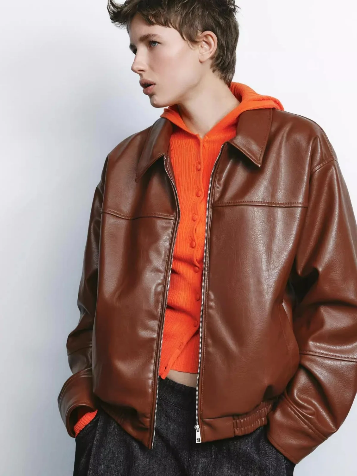 Primavera 2025 Prendas de abrigo Faion Pilot Jaet para mujer, ajuste holgado, simulación de cuero, alta calidad, recién llegado, viaje, cremallera Sle...