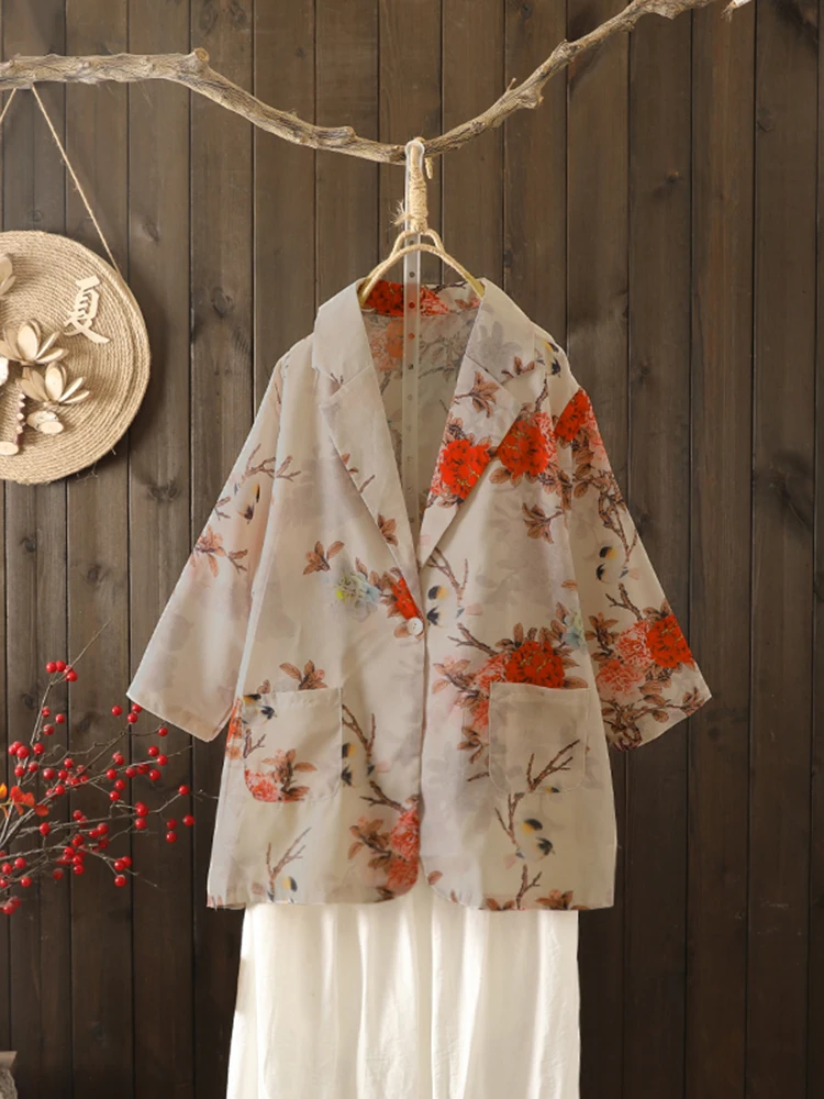 

Тонкий костюм из конопли в стиле ретро с цветочным принтом, летний женский костюм большого размера с воротником-стойкой Seven Sve, универсальный топ в стиле вестерн