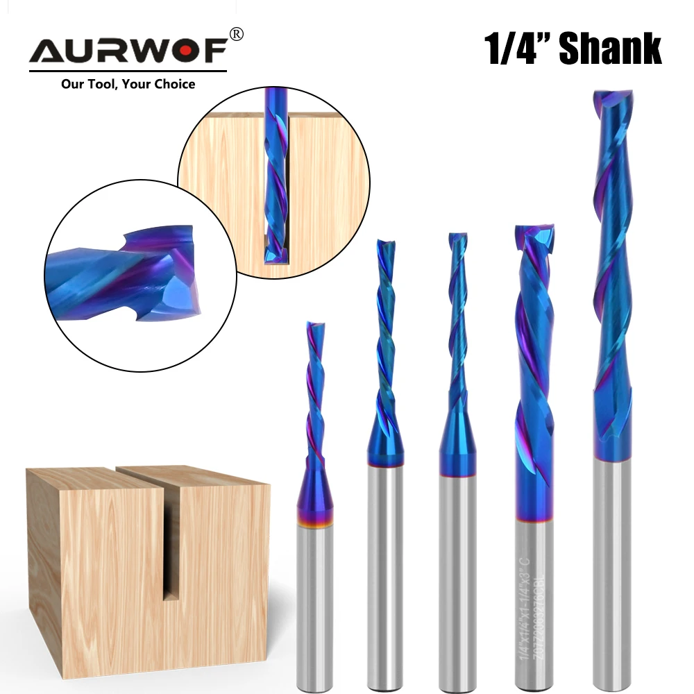 AURWOF 1/4" Shank Straight Router Bit Solid Carbide Blue Nano Up Down Compression Cut Woodworking Grooving Z07D2032