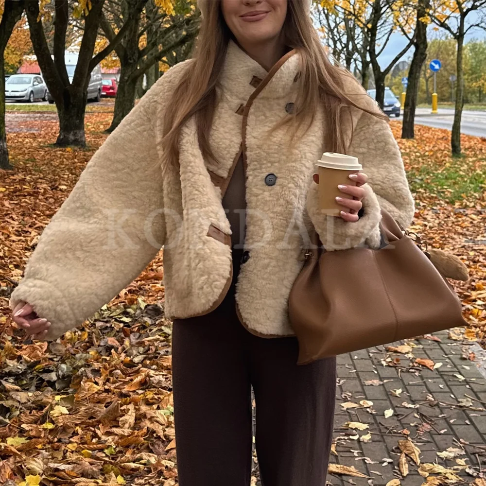 

KONDALA 2025 Fall Winter Reversible Women Streetwear Coats Fashion Elegant Single Breasted Turtleneck Ladies Chic Jackets