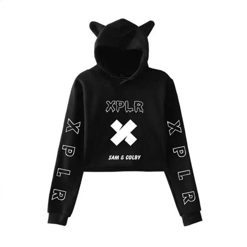 Sam y Colby XPLR Merch Crop Top Sudadera con capucha para chicas adolescentes ropa de calle Hip Hop Kawaii Cat Ear Harajuku sudadera recortada