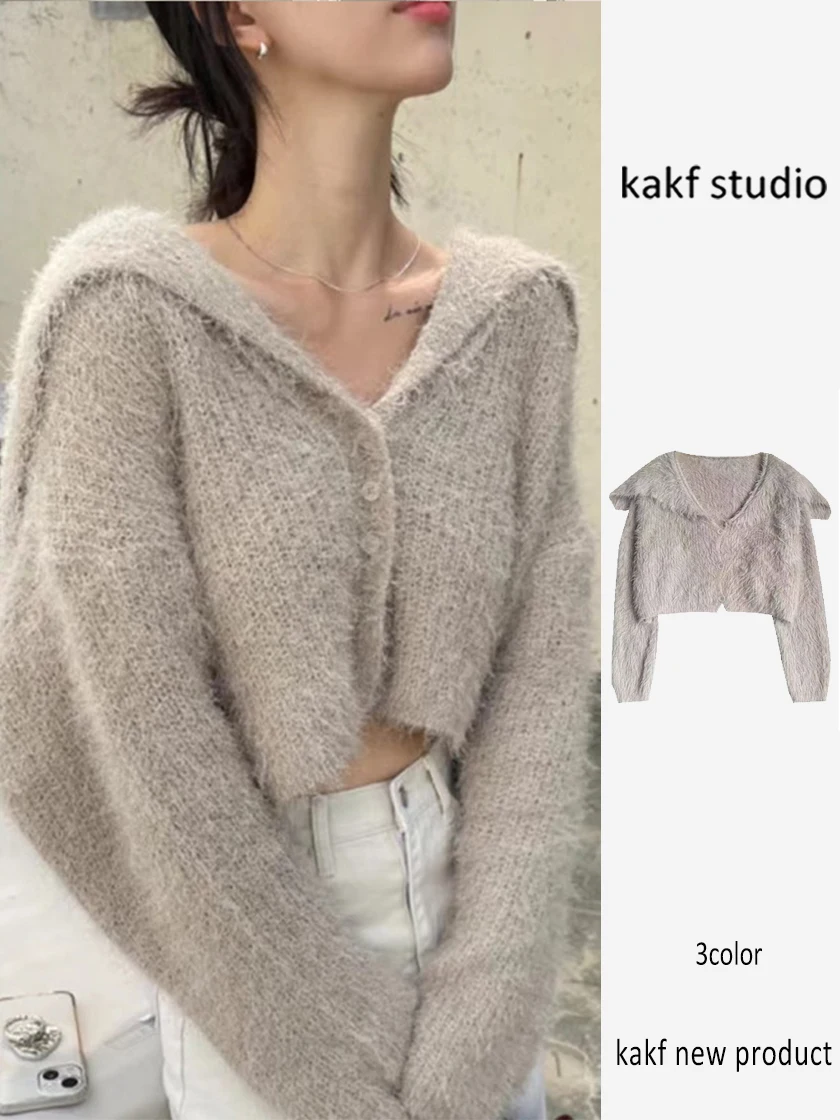 Miękki granatowy sweter z kołnierzykiem, płaszcz damski, jesienno-zimowy, nowy, zapinany na jeden guzik, delikatny, długi kardigan z dzianiny.