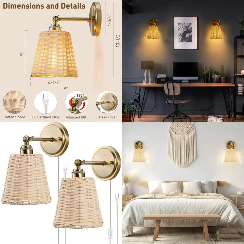 

Набор настенных светильников из ротанга ручной работы, с подключением к сети или проводным подключением, в стиле бохо для домашнего декора