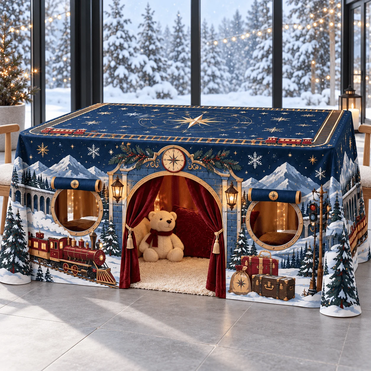 1 pc Rectangular tablecloth - Christmas vintage train station tablecloth, midnight blue snow mountain steam train pattern