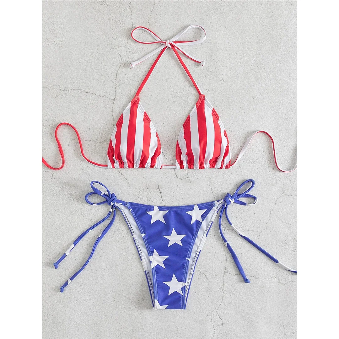 Flagge bedruckter, gestreifter Neckholder-Bikini mit hohem Beinausschnitt, Damen-Badeanzug, zweiteiliger Bikini-Set, Badebekleidung, Badeanzug, Schwimmanzug V5621 – Detail 9