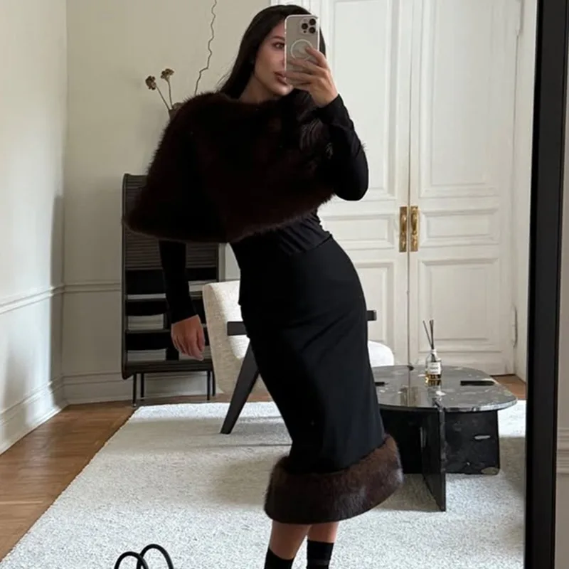 

Tuularose Autumn Skirt 2-Piece Set Women Elegant Fleece Shawl Fashion Patchwork Maxi Skirts Sets Luxury Vintage Female Dress Set