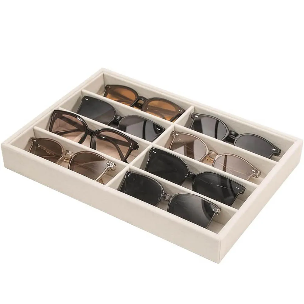 Coward Sunglass Organizer, Beige Velvet Glasses Trays - Eyeglasses Watches Jewelry Display - Men Women (8 Grids)