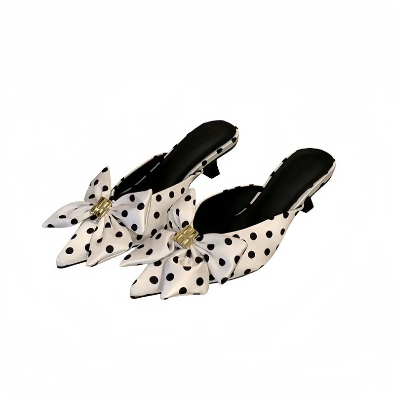 

White Heels Woman Shoes Low Heel Pointed Toe Slippers Black Polka Dots Big Bow Casuals Pumps Summer Ladies Shoes