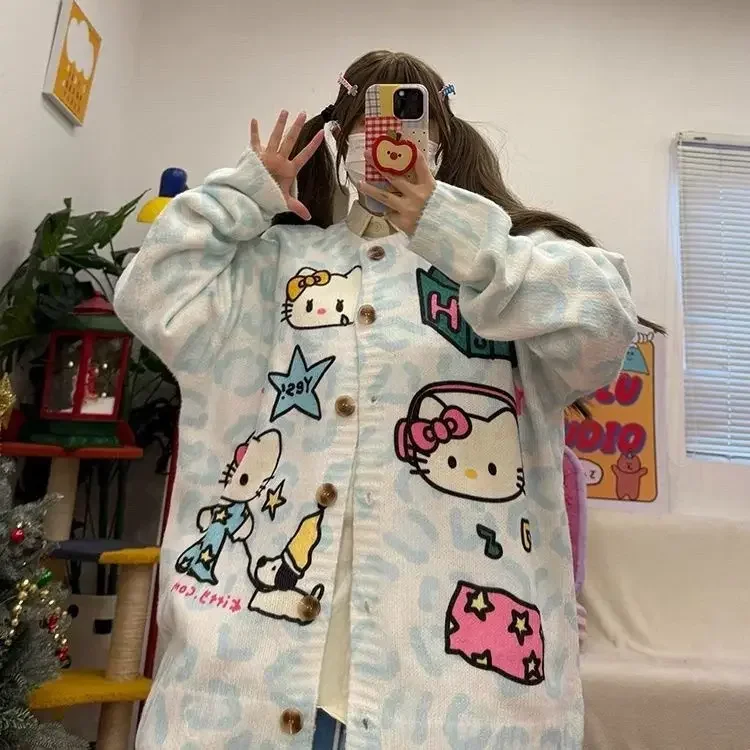 Sanrio Hello Kitty Sweater Girl Cartoon Kawaii Leopard Print Blue Print Coat Loose Large Size Fashion Round Neck Cardigan Top