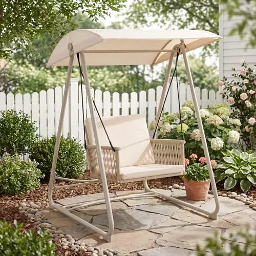 Patio Swing with Adjustable Canopy, Single Seat Khaki | Heavy-duty triangular steel stand frame,Weather-resistant