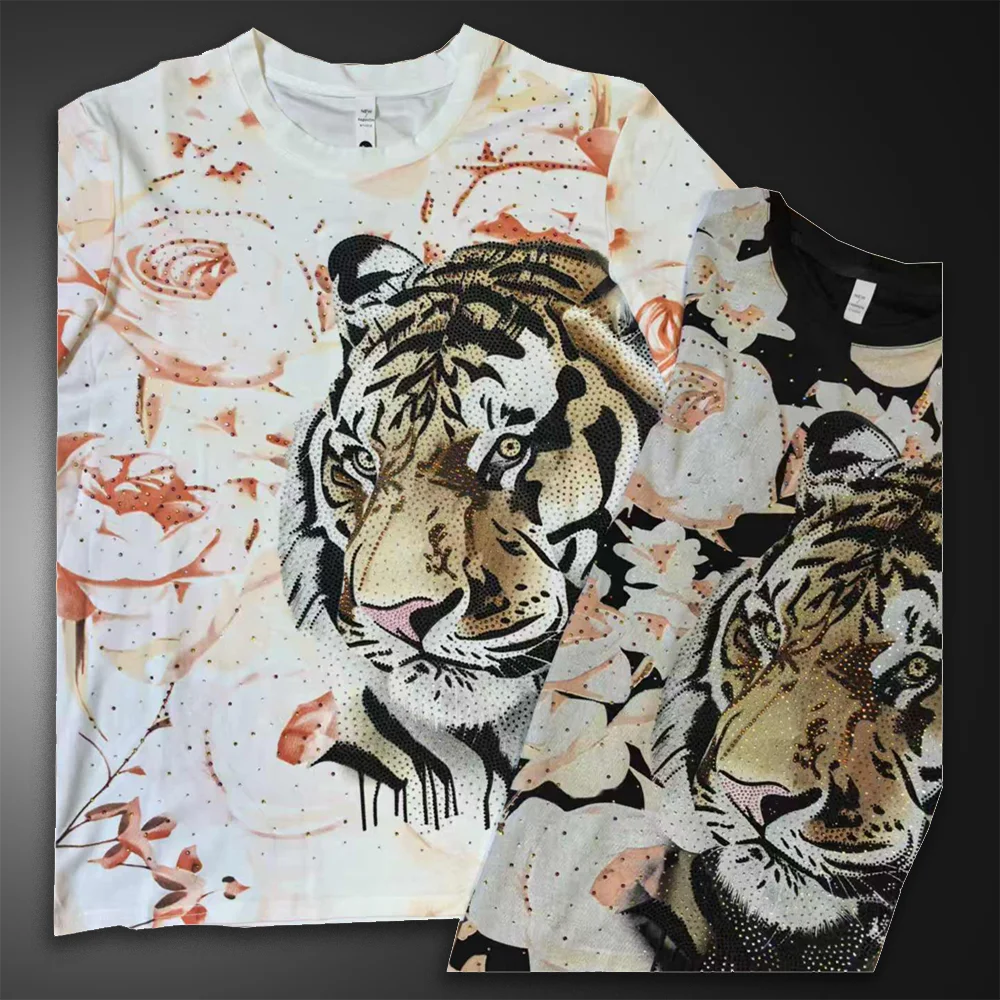 

Fashion Flower Diamond Tiger Head T-shirt Men 2026 High Quality T Shirt Short Sleeve Streetwear Casual O-Neck Tee Shirt Homme