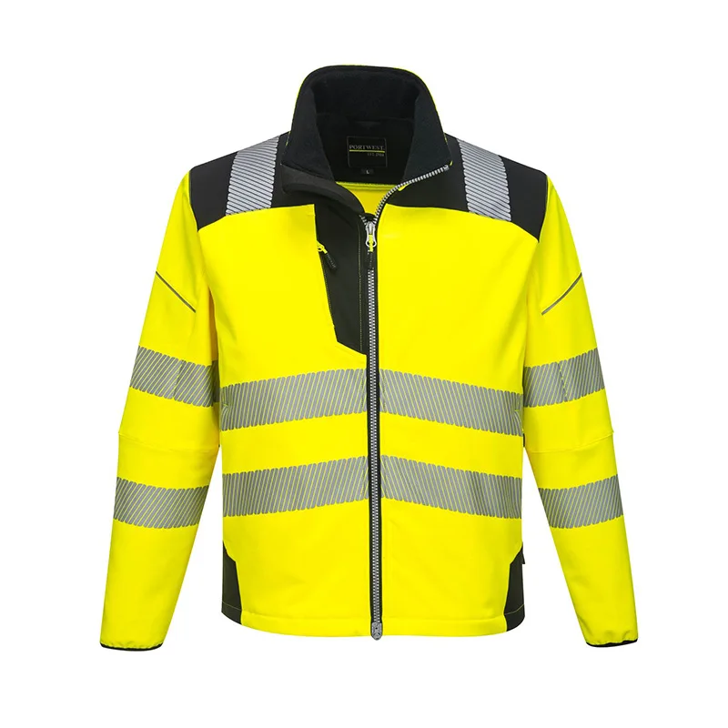 Hi Vis Softshell เสื้อสะท้อนแสงกันน้ำซิปเสื้อทำงานกลางแจ้งความปลอดภัย Breathable Windproof Workwear