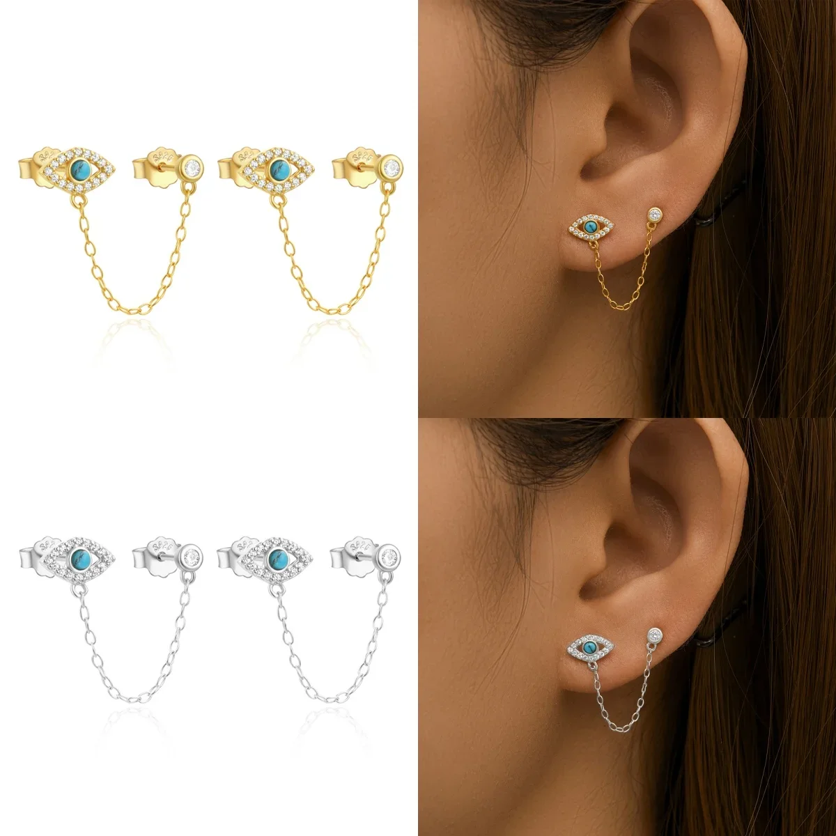 KO 925 Sterling Silver Devil's Eye Blue Zircon Tassel Chain Earrings Women's Fashion Trend Perforated Earrings Party Jewelry