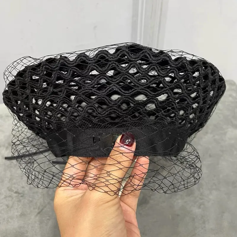 New Luxury Women Girl Lace Berets Denim Lady Flat Cap Mesh Fashion Street Casquette Black Casual Newsboy Designer Hat For Female