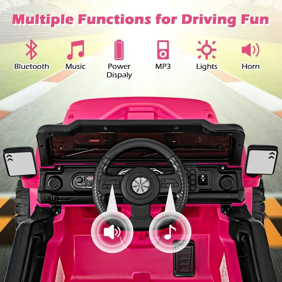 Elektryczny pojazd dla dzieci typu Ride on Truck, zasilany akumulatorem 12V, zdalnie sterowany, z wyświetlaczem mocy Bluetooth, światłami LED, odtwarzaczem muzyki.