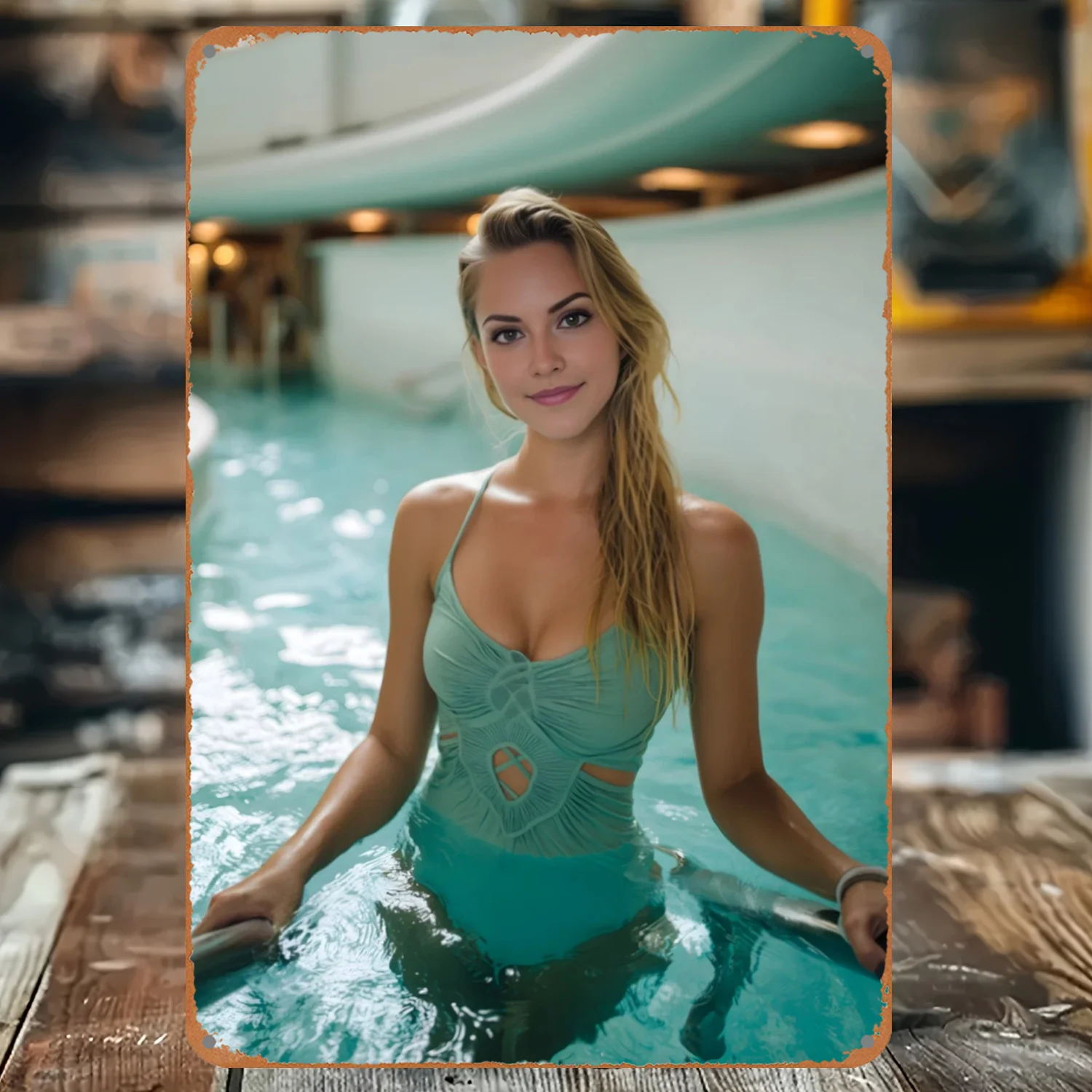 Vintage Metal Tin Sign, Blonde Girl In Teal Cutout One Piece Swimsuit Indoor Pool Rustic Vintage Wall Decor Plaque
