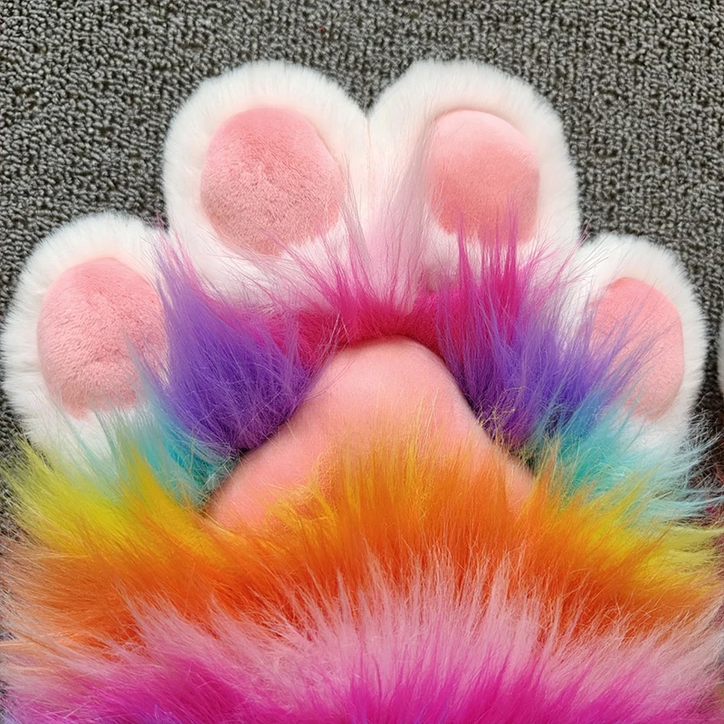

1pair Rainbow Plush Furry Cat Claw Gloves Halloween Animal Cosplay Costume Prop Masquerade Finger Mittens Animal Gloves