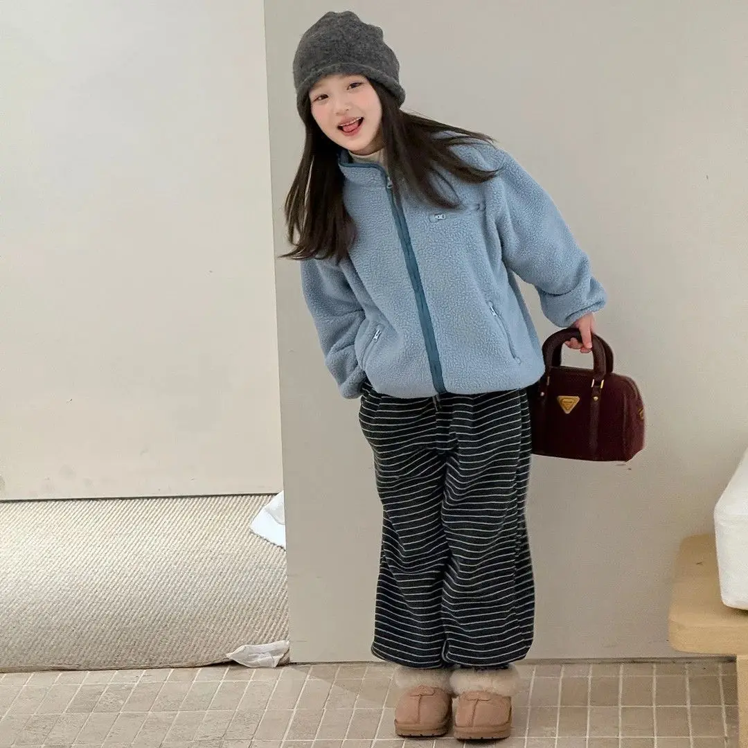 Girls Striped Sweatpants Fleece Lined Joggers Winter Warm Thick Loose Casual Pants Kids Long Trousers