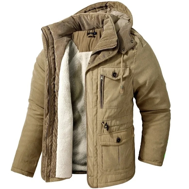 

Men's Winter Fleece Parka with Hood, Windproof Thick Coat with Fur Liner, Warm Cotton Padded Jacket for Casual Outerwear