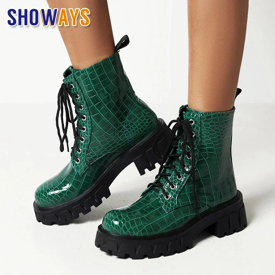 British Women Platform Ankle Boots High Thick Heels Green Yellow Crocodile Print Round Toe Lady Dress Party Lace-up Short Boots