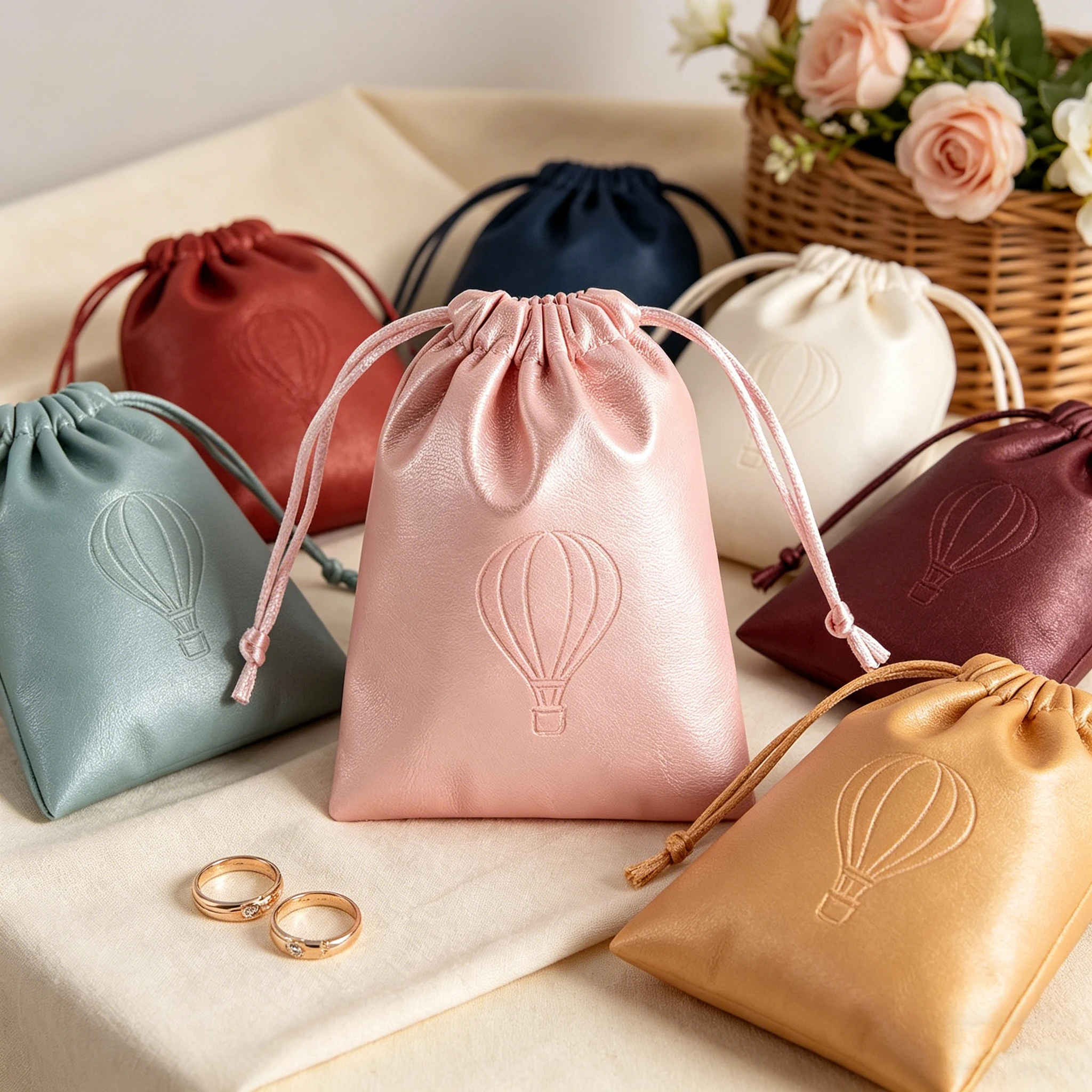 カスタムプリントロゴ入り高級puレザー巾着袋、結婚式パーティー用ソフトジュエリー化粧品イヤリング香水包装ギフトポーチ